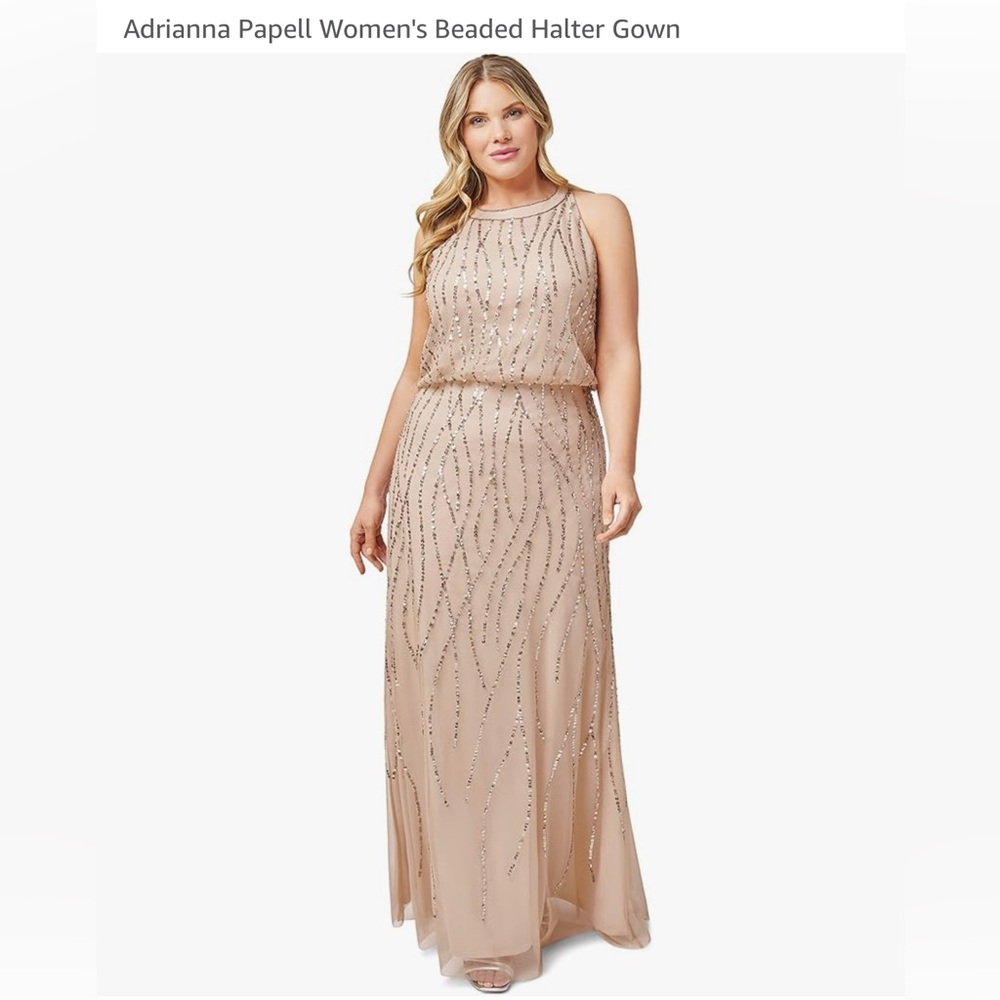 Adrianna Papell Nude Sequin Halter Maxi Gown